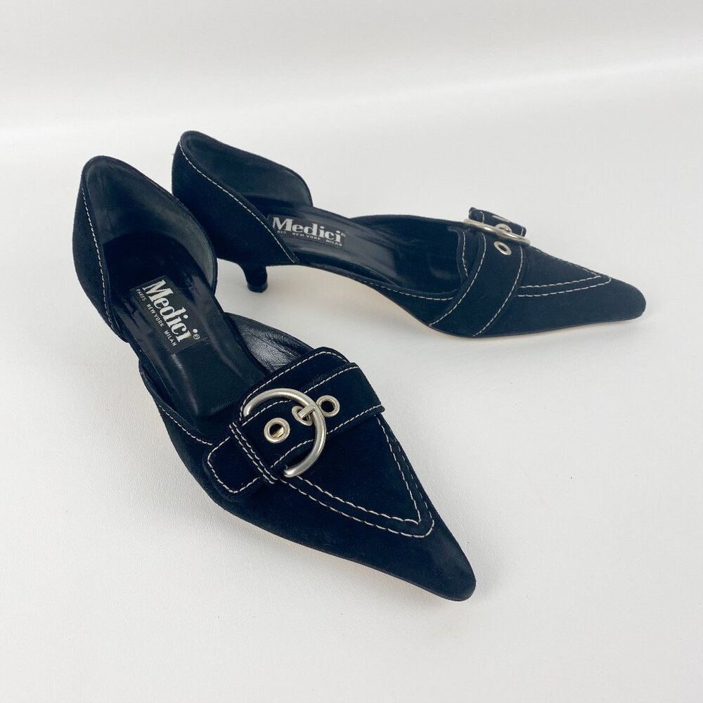 MEDICI Women's Black Suede and White Stitched Heels Pumps Size 8M - Picture 2 of 10